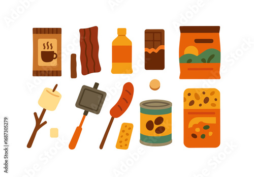 Camping essentials flat icon set. cooking, food, outdoor gear icons collection