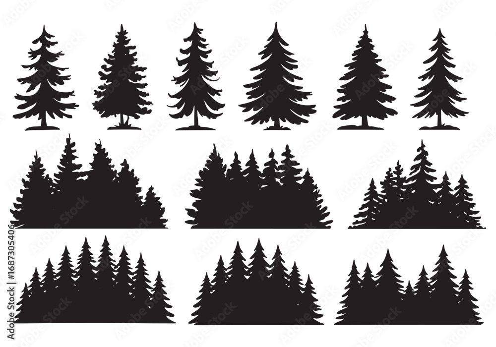Fototapeta premium Collection of silhouette pine and fir trees for nature forest landscapes and winter scenes white background