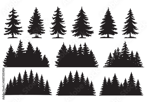 Collection of silhouette pine and fir trees for nature forest landscapes and winter scenes white background
