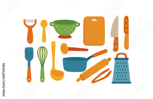 Kitchen tools flat icon set. cooking essentials, utensils for culinary adventures