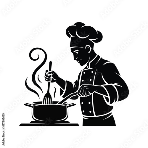 Chef Silhouette Illustration Cooking Food in Pot Culinary Art Professional Kitchen Scene