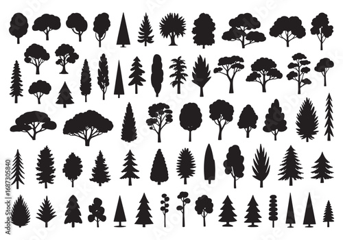 Collection of diverse tree silhouettes black and white forest elements for design white background