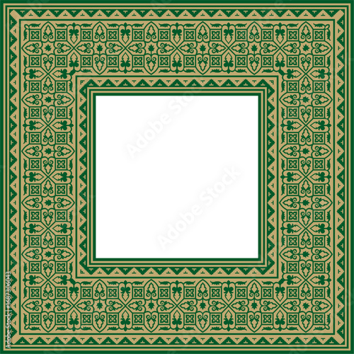 Vector gold with green square classic byzantine ornament. Rectangle, border, Ancient Greece, Eastern Roman Empire frame. Decoration of the Russian Orthodox Church
