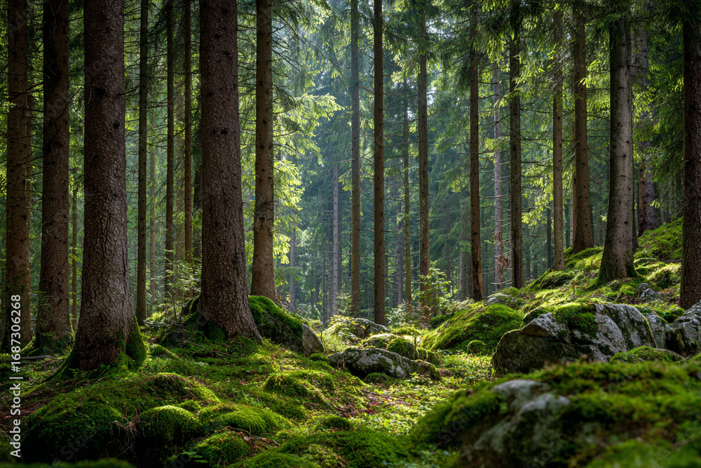 Obraz premium Sunlit forest scene mossy rocks tall trees green foliage nature landscape