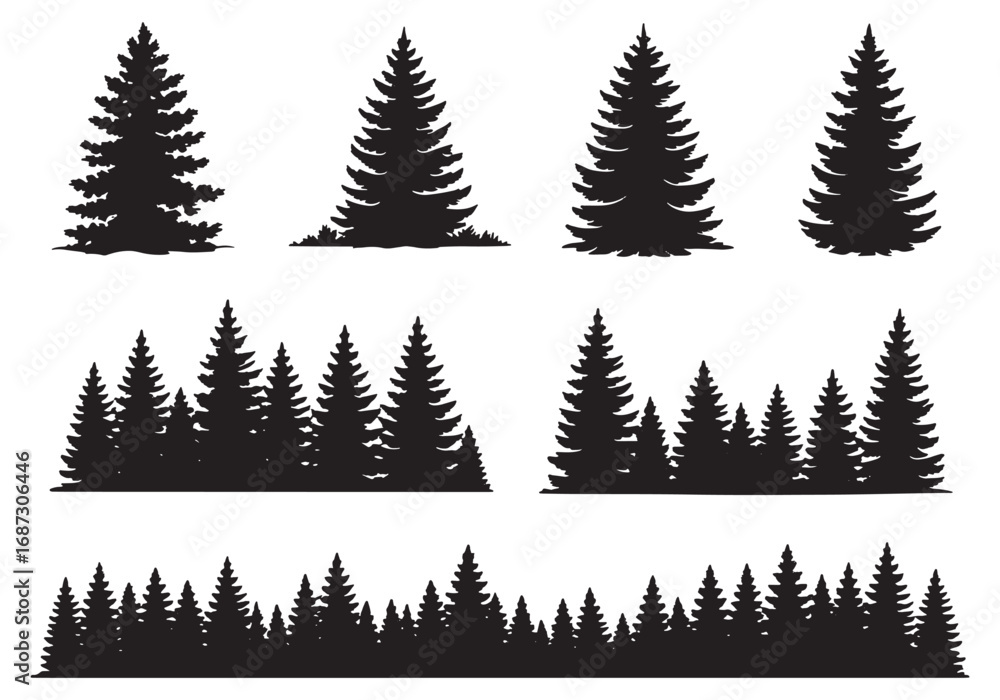 Obraz premium Collection of pine tree silhouettes set for outdoor nature landscape design elements white background