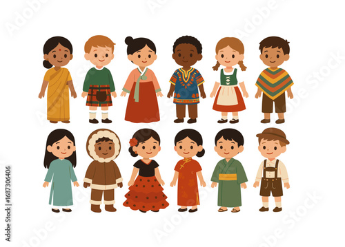 Culture, tradition flat icon set. diverse, ethnic costume, international people collection