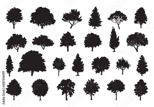 Collection of diverse tree silhouettes for natural landscape design and artistic projects white background