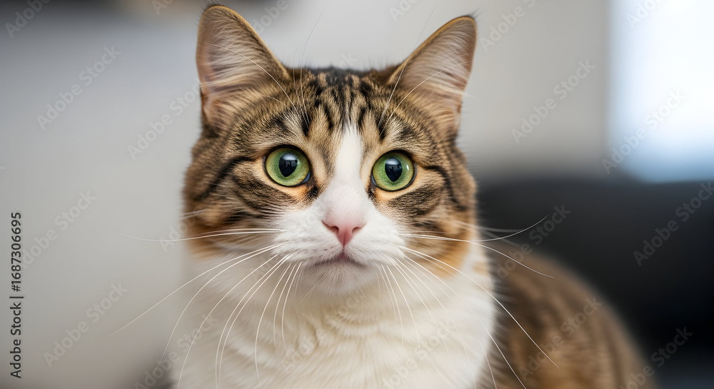 Fototapeta premium Close-up portrait of a curious tabby cat with striking green eyes and detailed fur patterns