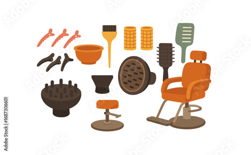 Hair salon tool icon set. hair styling equipment icons flat collection