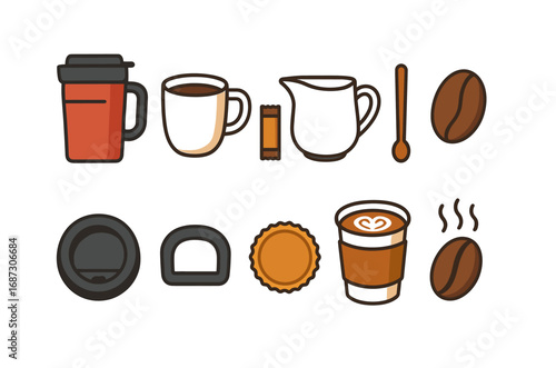 Coffee shop flat icon set. beverage, cafe, drink, espresso illustrations