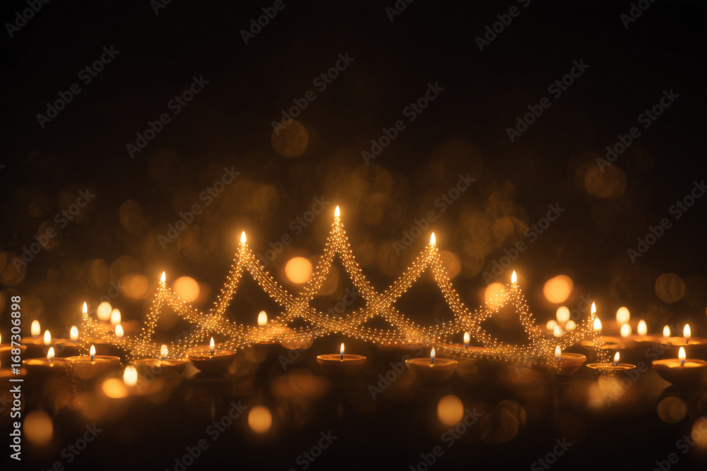 Fototapeta premium Diyas forming Durga’s crown with golden glow and dark background for brand message. 