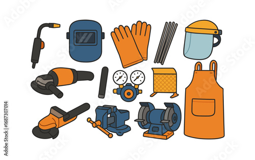 Metalworking tools flat icon set. welding, workshop, equipment, gear flat collection
