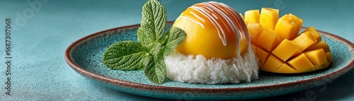 A beautifully plated dessert of mango sticky rice artfully presented on a minimalist pastel mint background evoking freshness and delight for food enthusiasts and chefs