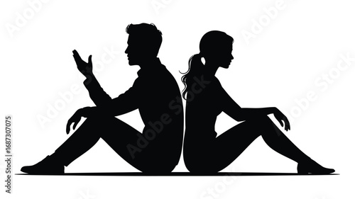 Silhouette of a couple sitting back to back with a communication breakdown