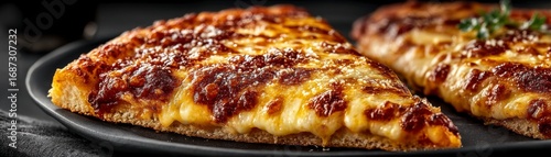 Delicious thin-crust pizza slice topped with melted cheese and rich tomato sauce served on a matte slate plate, ideal for sharing with friends or enjoying solo in a cozy setting