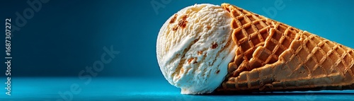 Tempting piece of ice cream in a waffle cone floating against a soft blue background for a playful and refreshing dessert presentation ideal for summer indulgence