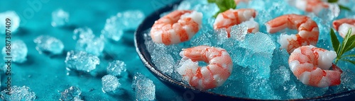 A vibrant bowl of fresh shrimp on a bed of crushed ice neatly framed against a cool cyan background evoking a fresh seafood dining experience perfect for seafood lovers