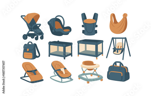 Baby products silhouette icon set. stroller, carrier, swing, bag, seat illustrations