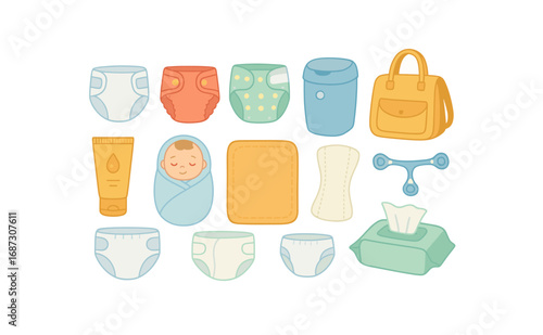 Baby care flat icon set. diapers, wipes, essentials, parenting items collection