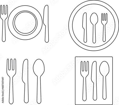 Restaurant menu icons set, Fork, knife, and plate different style icon set, A collection of restaurant icons featuring spoons, knives, and forks in circular designs on white background.