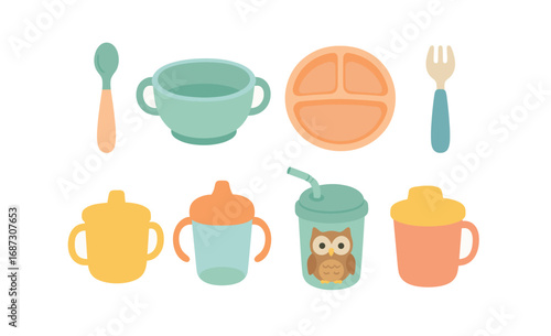 Baby feeding flat icon set. utensils, cups and plates flat icon collection