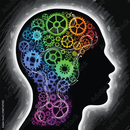 A silhouette of a human head filled with a complex mechanism of colorful rainbow gears representing the minds inner workings.