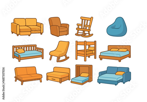 Furniture and furnishing solid icon set. cozy interior design elements in solid style
