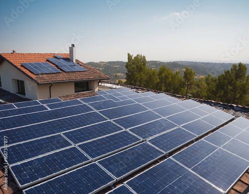 Solar panels on modern house roof, renewable energy concept.