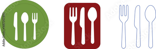 Restaurant menu icons set, Fork, knife, and plate different style icon set, A collection of restaurant icons featuring spoons, knives, and forks in circular designs on white background.