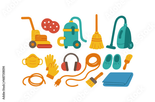 Cleaning equipment flat icon set. vacuum, broom, mop, mask, gloves, tools collection