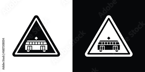 Tramway caution traffic signs set. Black and white silhouette collection