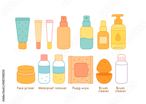 Cosmetics and skincare flat icon set. makeup, beauty, hygiene essentials collection
