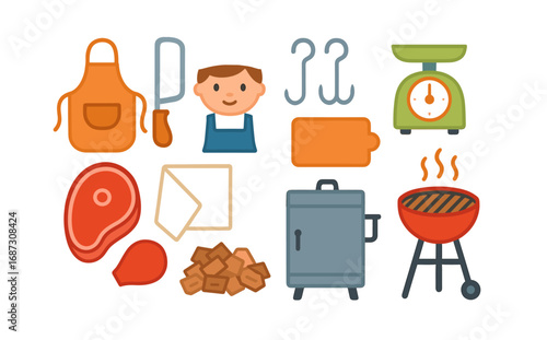 Bbq and butchery flat icon set. grill, meat, kitchen tools icons collection