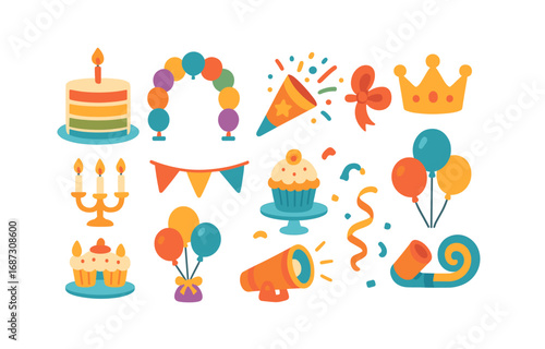 Birthday party flat icon set. cake, balloons, decorations, and celebration icons collection
