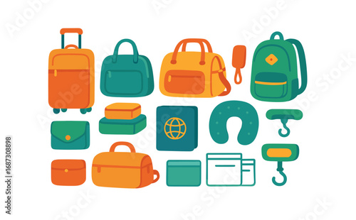Travel and tourism flat icon set. essential vacation, packing, journey symbols