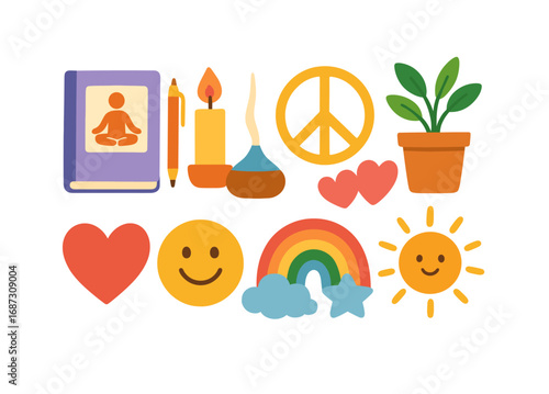 Mindfulness and wellness flat icon set. meditation, peace, happiness flat designs.