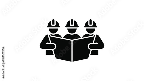 Three construction workers in hard hats collaborating over blueprints plan
