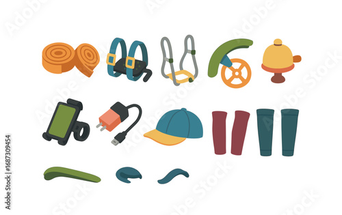 Hiking, camping gear flat icon set. equipment, adventure essentials flat collection