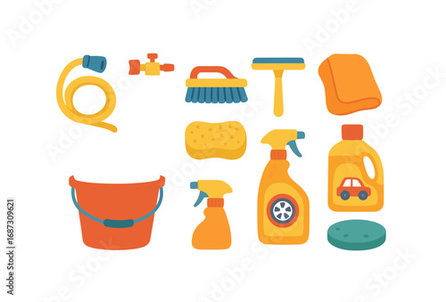 Cleaning tools flat icon set. brushes, sponges, detergents for household chores