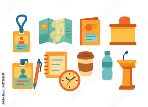 Conference essentials icon set. event, meeting planning icons in flat style collection