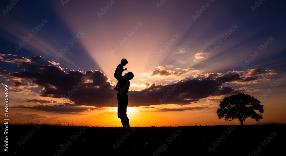 Fototapeta premium Silhouette of a father holding his child aloft against a stunning sunset backdrop capturing love