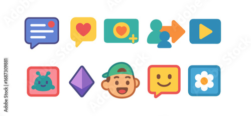 Social media flat icon set. messaging, like, profile flat icons collection
