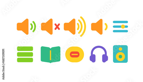 Music and sound flat icon set. vector illustrations for audio, volume, and playlist