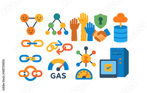 Business and technology flat icon set. networking, security icons in a flat collection