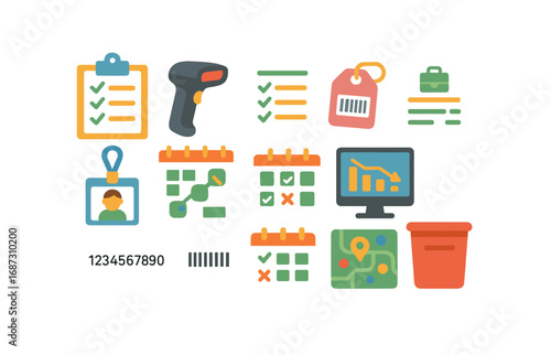 Logistics and inventory flat icon set for seamless supply chain management