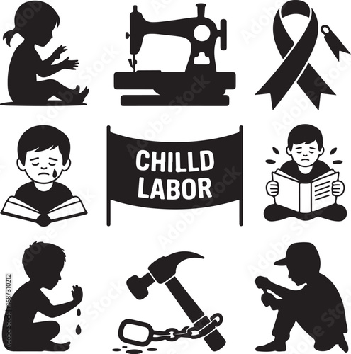 Child Labor Symbols With Sad Child Sewing Machine And Hammer illustration vector