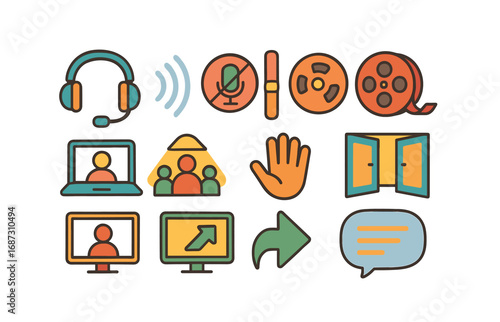 Communication and technology flat icon set. diverse, colorful icons collection