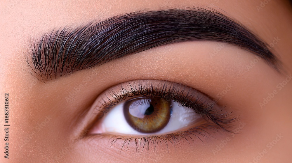 Obraz premium Close-up of a beautiful eye showcasing intricate details, including well-groomed eyebrows and captivating iris colors, emphasizing beauty and personal care in a stunning portrait