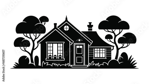 Charming silhouette of a cozy house surrounded by trees and bushes