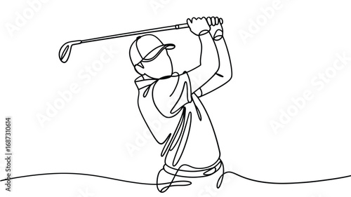 One line drawing of a golfer swinging a club in motion